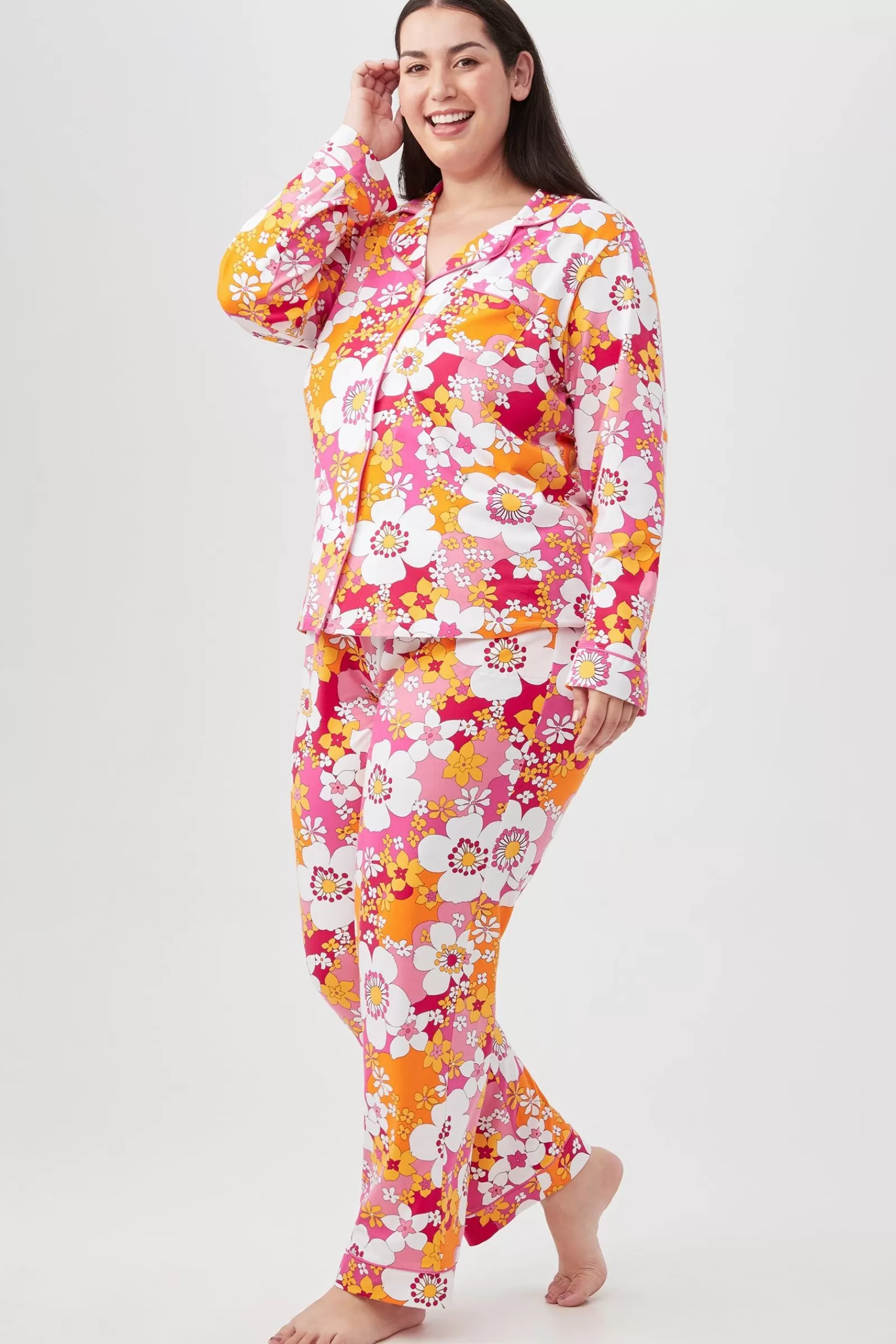 Women Trina Turk Bali Pink Floral Women'S Long Sleeve Long Pant Jersey Pj Set