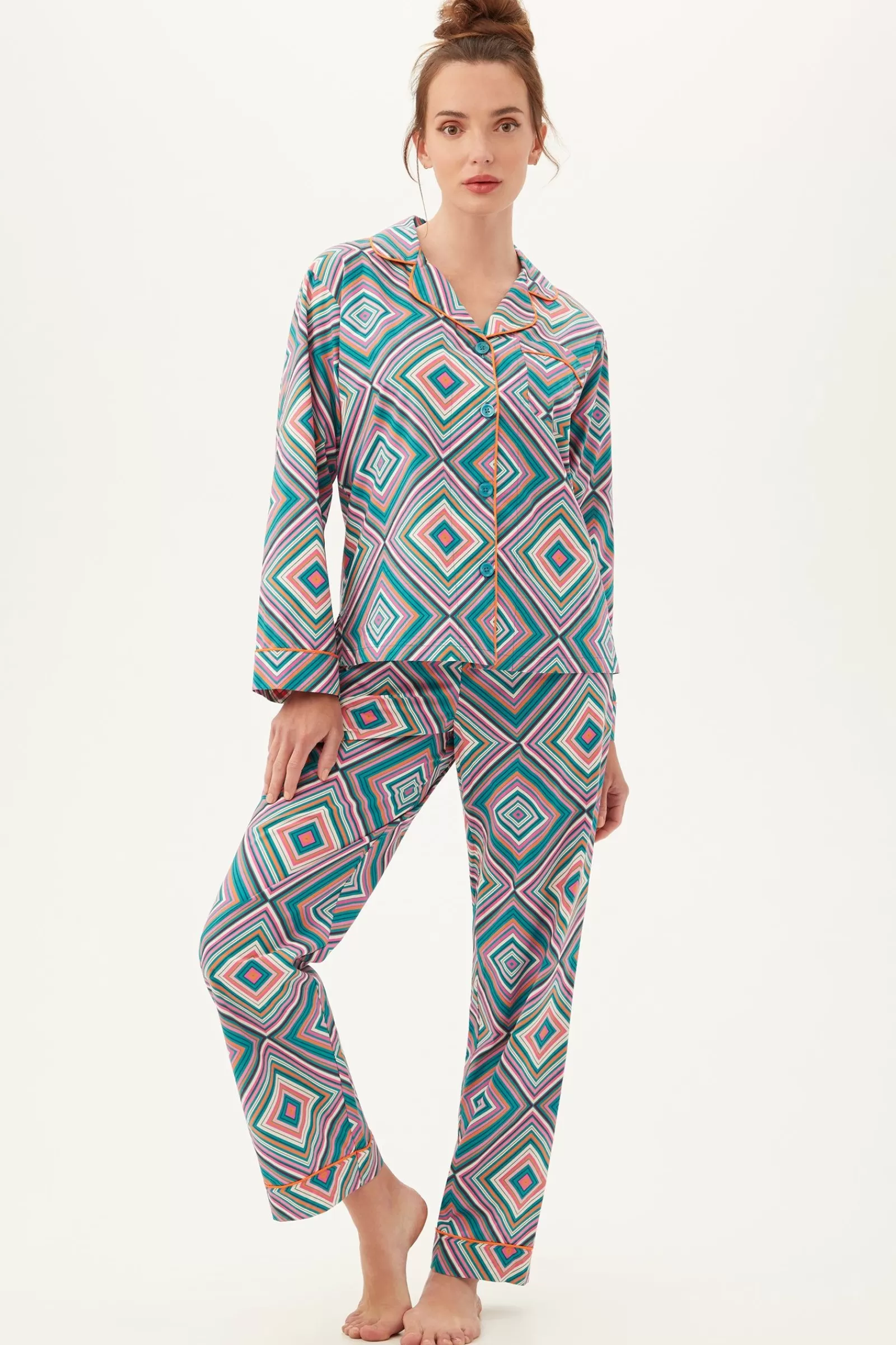Women Trina Turk Diamond Geo Women'S Long Sleeve Long Pant Jersey Pj Set