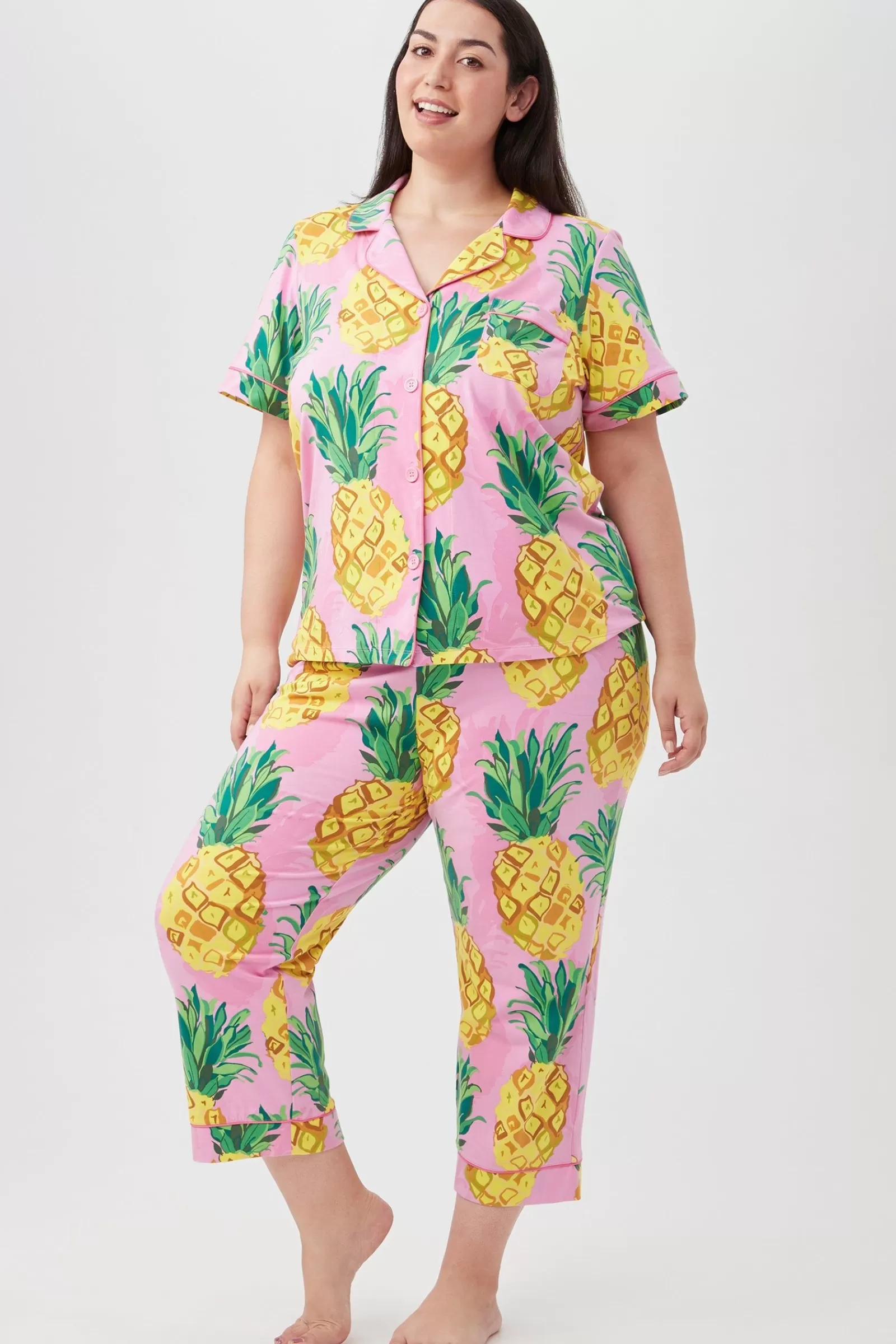 Women Trina Turk Pineapples Women'S Short Sleeve Cropped Pant Jersey Pj Set